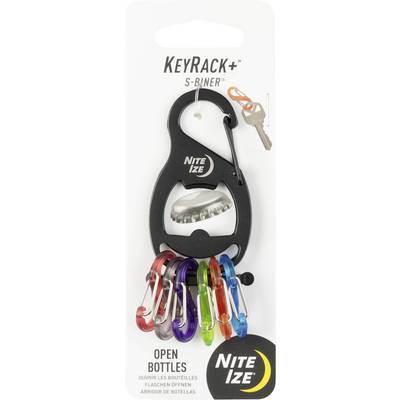 KeyRack+ S-Biner von Nite Ize hält farbige Mini-Karabiner und einen Schlüsselsatz. Mit integriertem Flaschenöffner und Schwerpunkt auf Vielseitigkeit und Organisation.