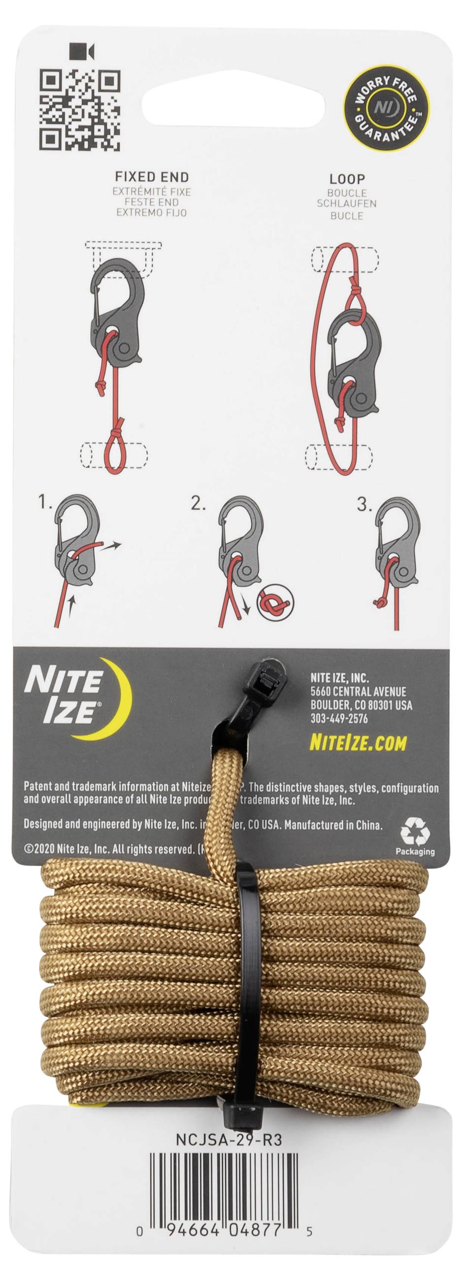 Ein Paket mit einem leichten, verstellbaren Spanngurt. Diagramme zeigen, wie man den Gurt mit dem Haken am festen Ende befestigt und eine Schlaufe erstellt.