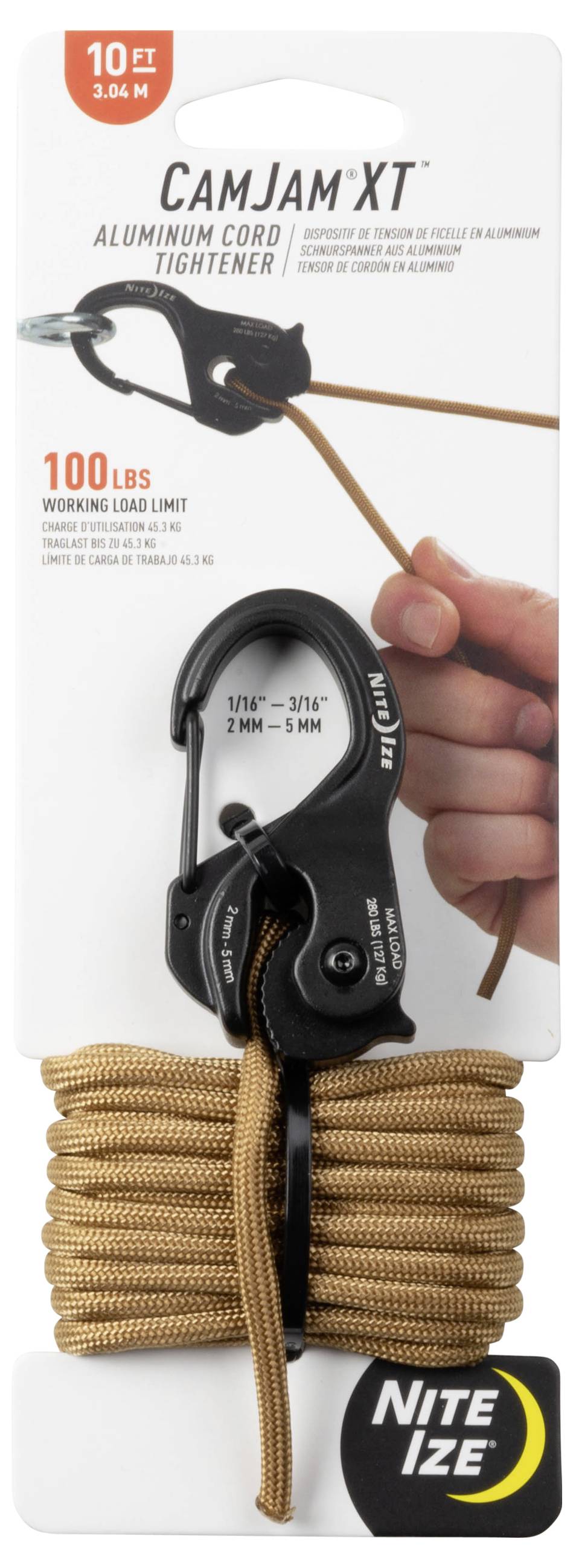 CamJam XT Aluminium-Seilspanner-Verpackung, die einen schwarzen Seilspanner, ein braunes Seil sowie Details wie eine Tragfähigkeit von '100 lbs' und eine Länge von '10 ft' zeigt.