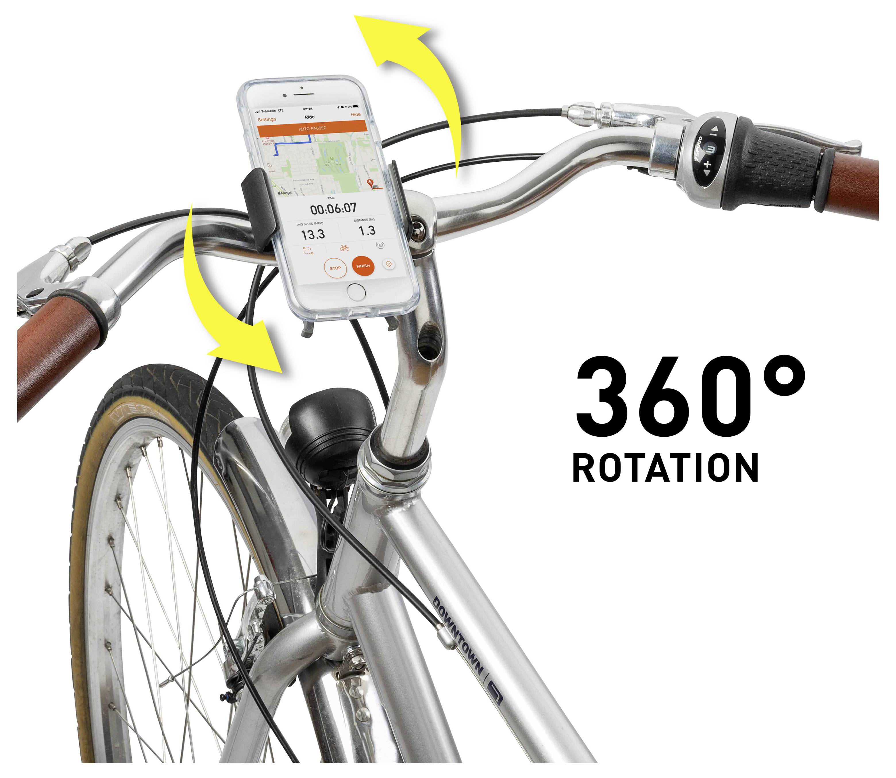 Ein Fahrradlenker mit einem montierten Smartphone, das eine Karte anzeigt. Gelbe Pfeile zeigen, dass das Handy um 360 Grad gedreht werden kann.