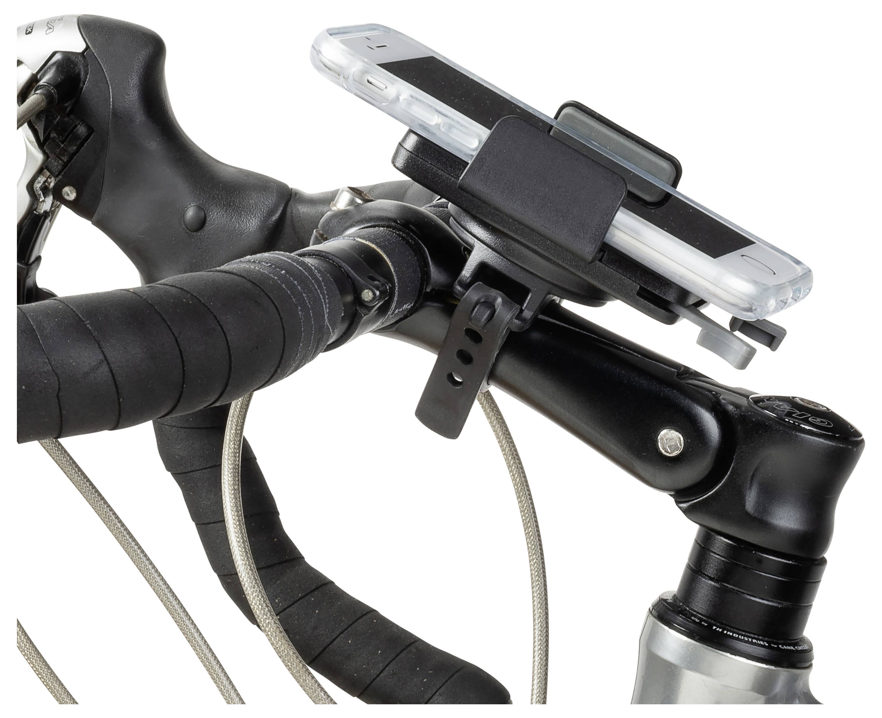Smartphone, das mit einem schwarzen, verstellbaren Halter am Fahrradlenker montiert ist und in der Nähe des Bremshebels für einfachen Zugriff während der Fahrt positioniert ist.