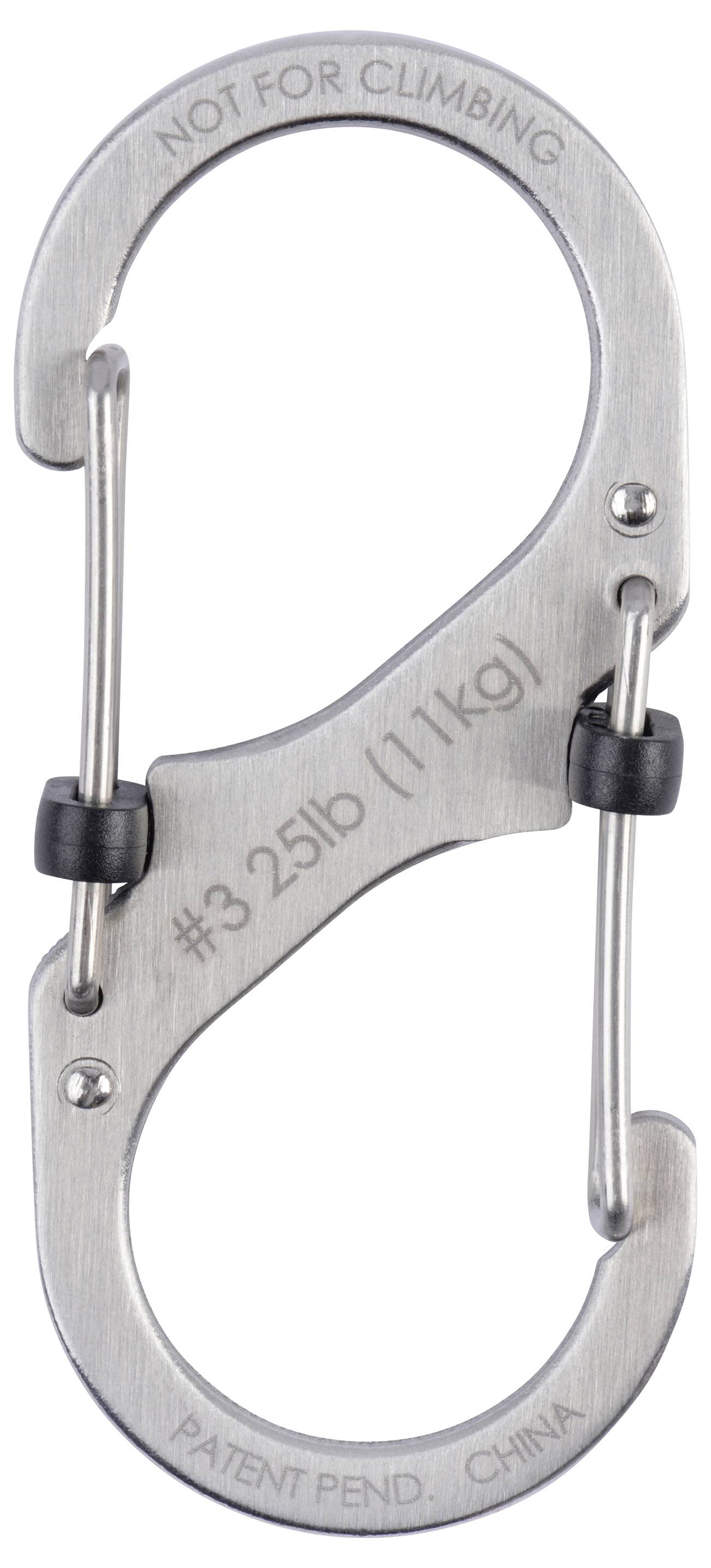 Doppelt gewendelter Metallkarabiner mit Aufschriften "Nicht zum Klettern geeignet" und "#3 25lb (11kg)". Verwendet für Schlüsselanhänger oder zum Sichern von Gegenständen.