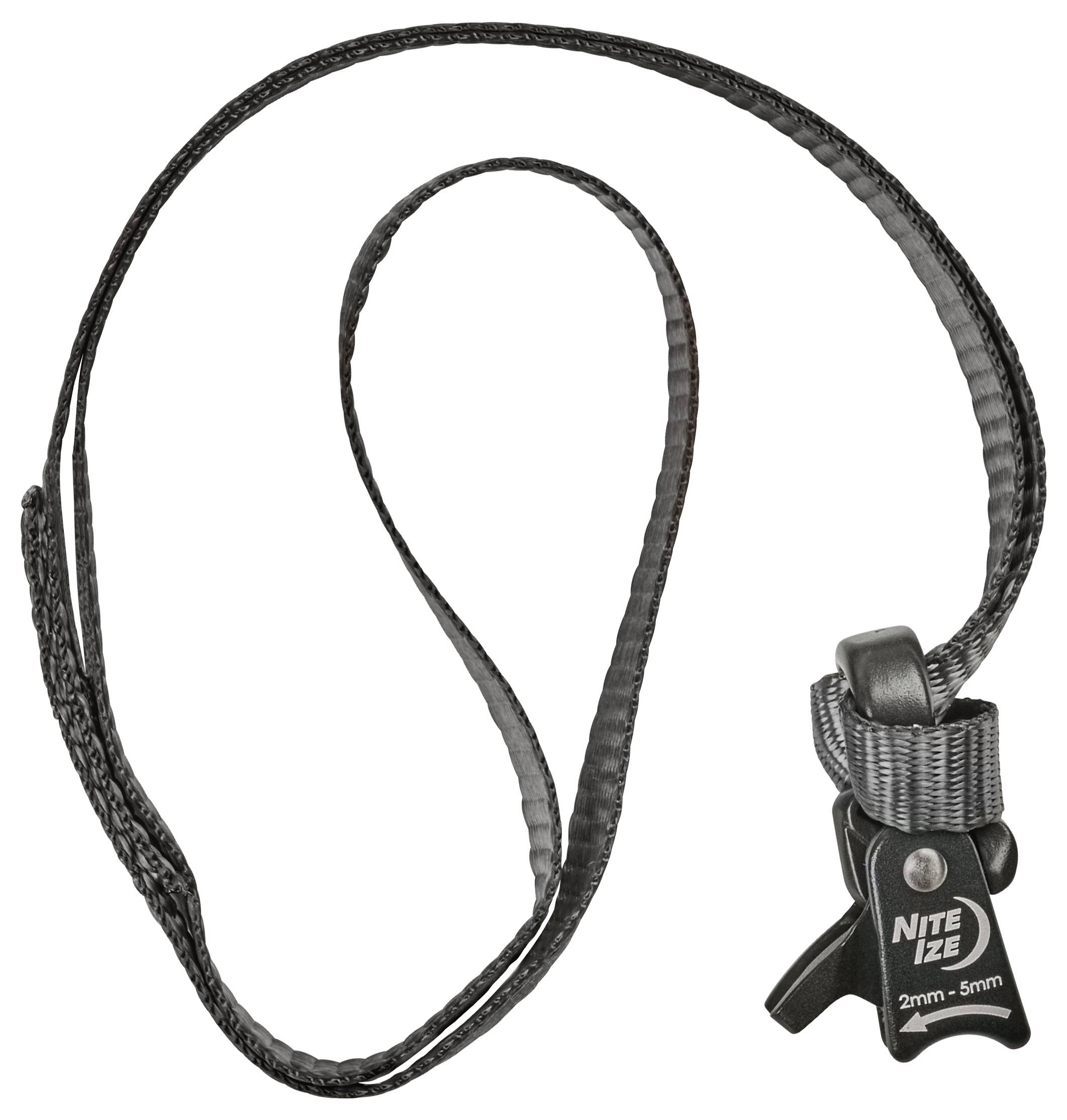 Ein schwarzer, verstellbarer Klemm-Gurtriemen mit einer Klettersicherung und einem Etikett mit der Aufschrift „Nite Ize, 2mm – 5mm", verwendet zum Befestigen von Gegenständen.