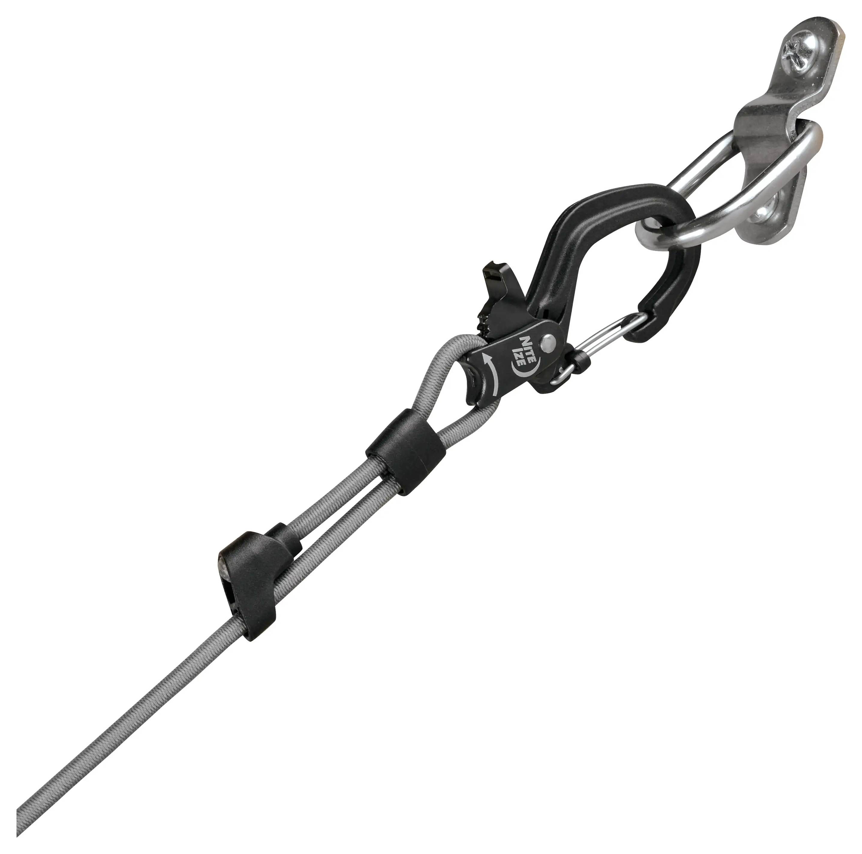 Kletterankersystem mit einem Karabiner, der an einem Metallclip befestigt ist, entwickelt zum Sichern von Seilen bei Kletteraktivitäten oder Sicherheitsmaßnahmen.