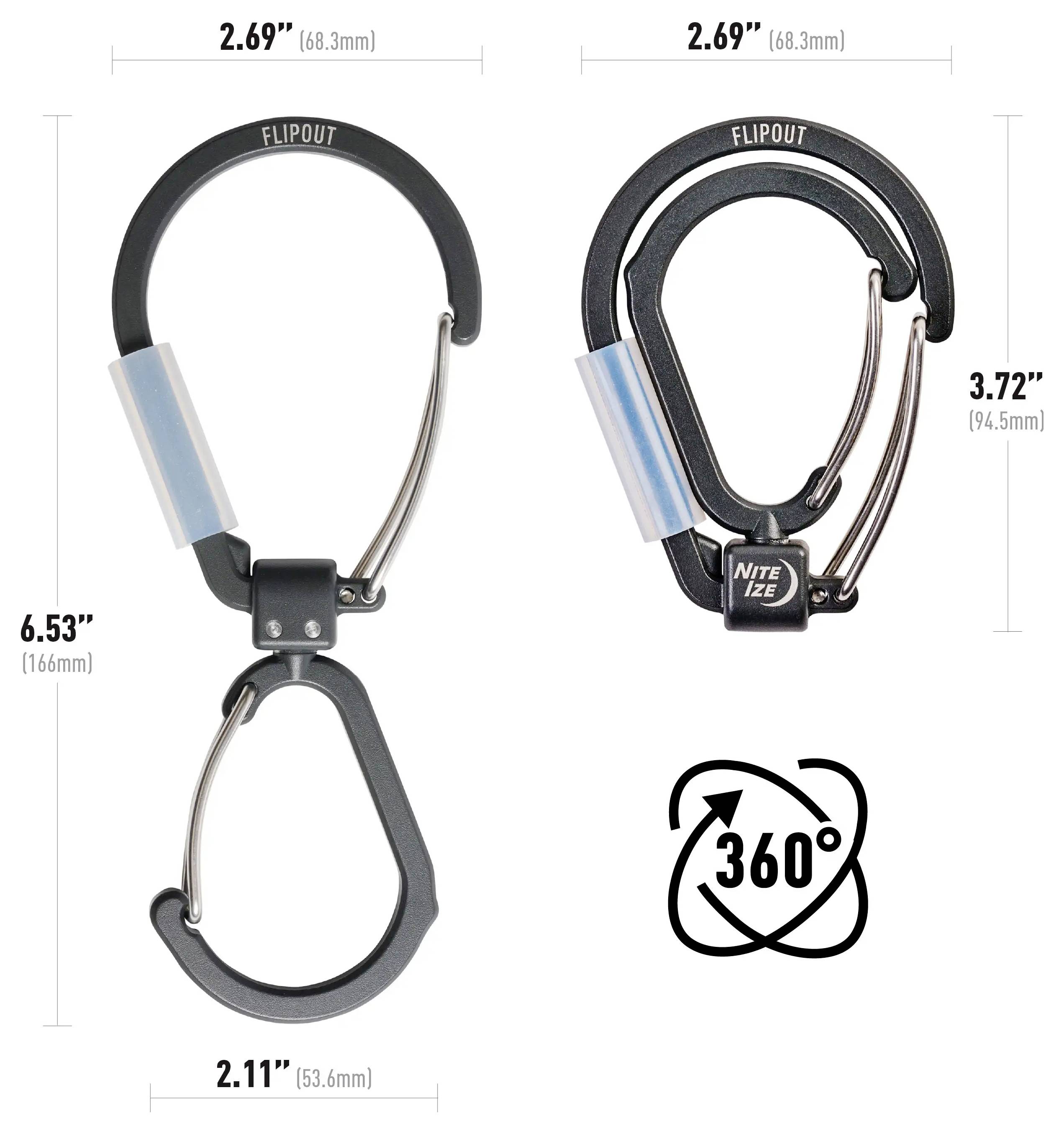'FlipOut' Karabiner von 'Nite Ize' mit rotierendem Design. Maße: 2,69" breit, 3,72" Höhe bei ausgefahrener Position, 6,53" Länge bei ausgeklappter Stellung.