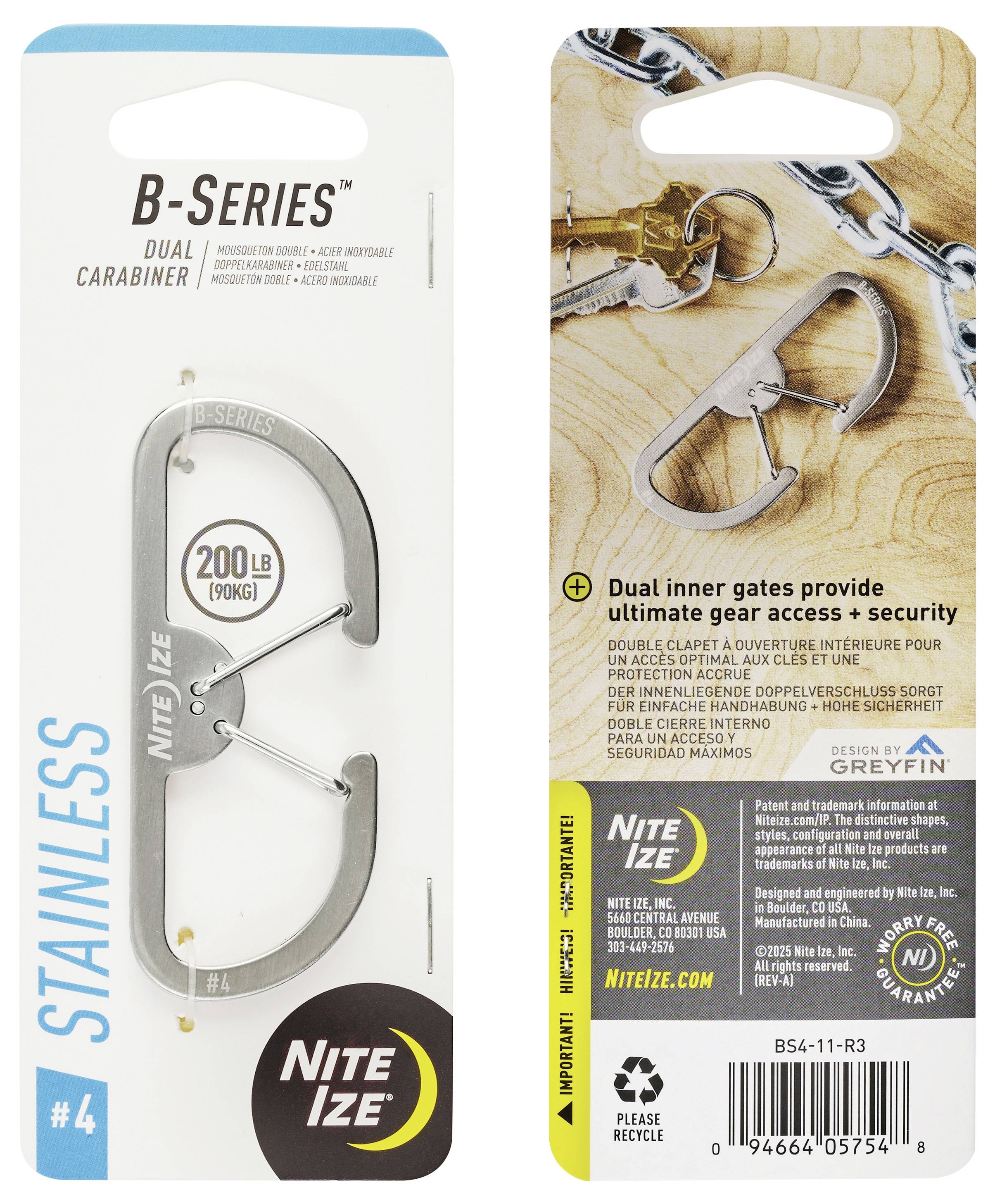 Verpackung, die den 'Nite Ize B-Series Dual Carabiner' mit einem großen und einem kleinen Clip zeigt. Text hebt eine Tragfähigkeit von '200 lb' und 'Doppelte innere Tore bieten maximalen Zugang und Sicherheit für Ausrüstung' hervor.