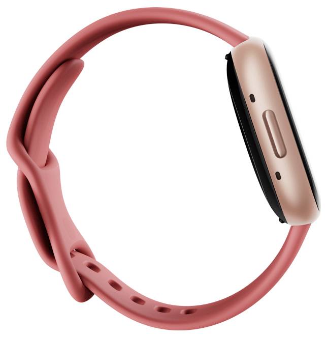 Eine Smartwatch mit einem rosafarbenen Armband, von der Seite gezeigt. Der Bildschirm ist schwarz und das Metallgehäuse ist gold, mit einem Knopf an der Seite.