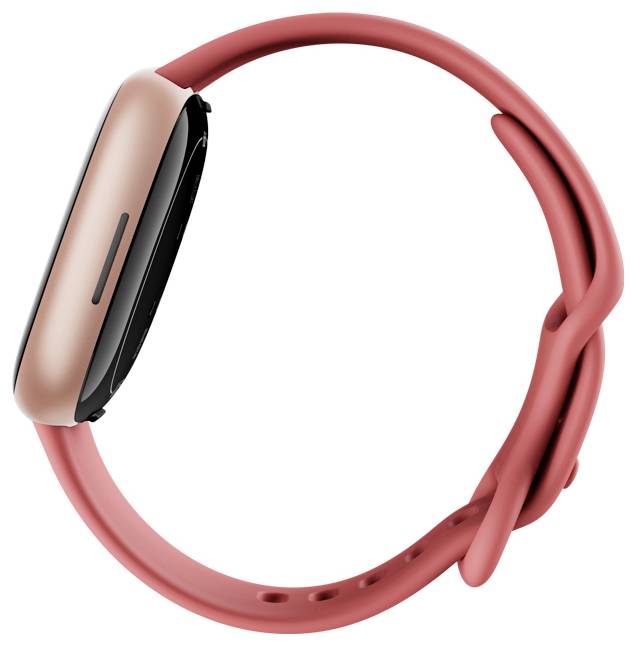 Eine Smartwatch in Roségold mit einem rosa Silikonband, von der Seite betrachtet, wobei der Displayrand und ein Teil des Armbands zu sehen sind.