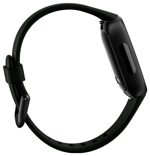 Ein schlanker schwarzer Fitness-Tracker mit rechteckigem Display und verstellbarem Armband, aus einer Seitenprofilansicht gezeigt.