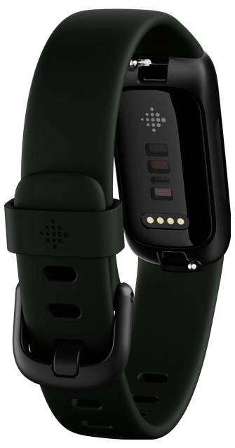 Schwarze Smartwatch mit einem rechteckigen Bildschirm, Gesundheitssensoren auf der Rückseite und einem verstellbaren Armband.