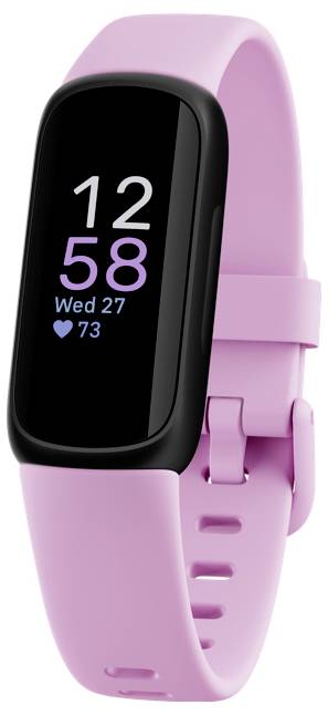 Ein rosa Fitnessarmband, das die Zeit als '12:58', den Tag 'Mi 27' und die Herzfrequenz '73' anzeigt.