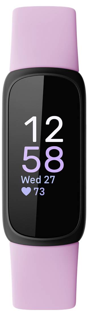 Ein schwarzer digitaler Fitness-Tracker mit einem rosa Band zeigt '12:58', 'Mi 27' und eine Herzfrequenz von 73 an.