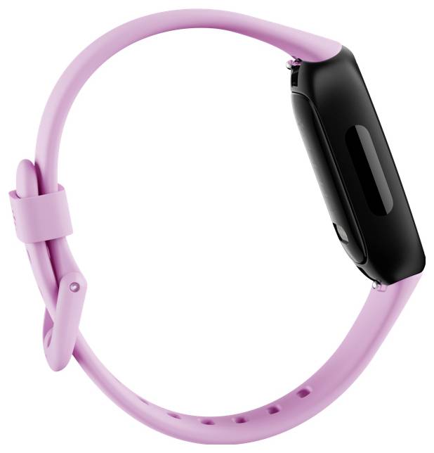 Ein rosa Fitnessarmband mit einem schwarzen Display und einem Schnallenarmband, von der Seite betrachtet, das sein schlankes und modernes Design zeigt.