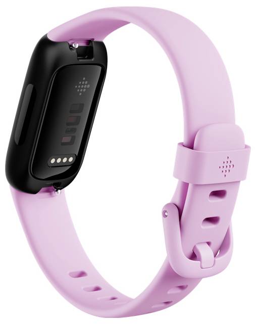 Ein rosa Fitnessarmband mit einem schwarzen Display, gesichert durch ein passendes Armband, wird von hinten gezeigt, wobei der Sensorbereich hervorgehoben wird.