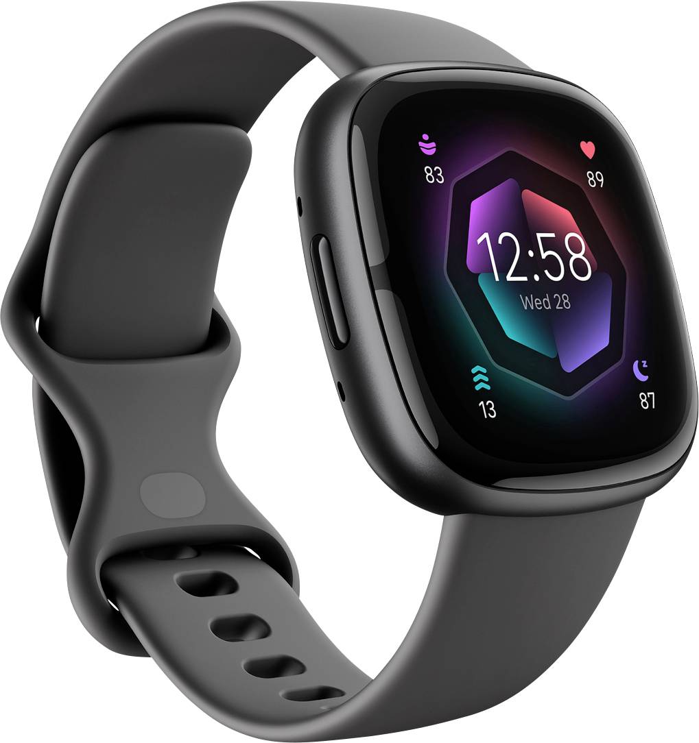 Eine Smartwatch mit einem schwarzen Band zeigt die Zeit '12:58' und das Datum 'Mi 28'. Icons für Herzfrequenz, Schrittzähler und andere Funktionen sind sichtbar.