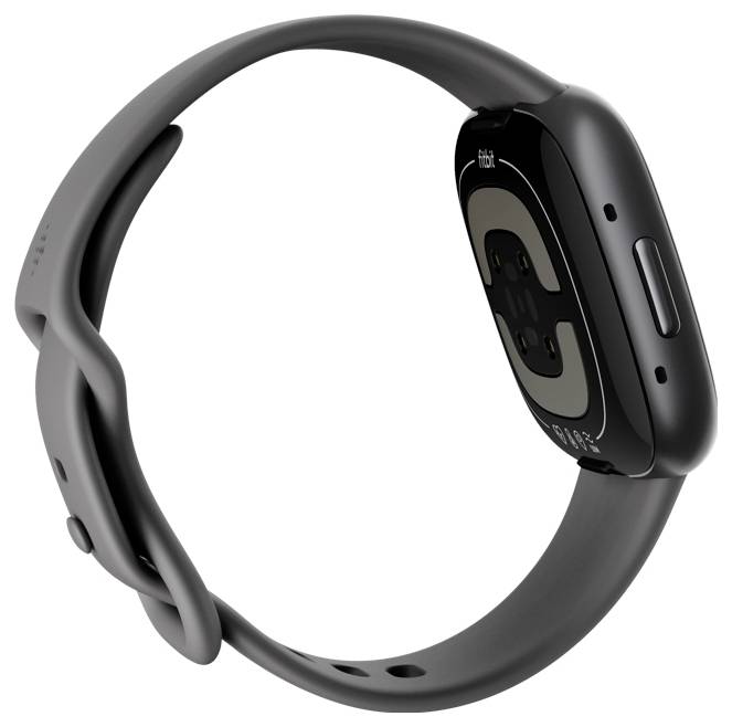 Eine schwarze Smartwatch mit einem Silikonarmband, ausgestattet mit einem auf der Rückseite sichtbaren Herzfrequenzsensor. Das Markenlogo befindet sich auf dem Gerät.