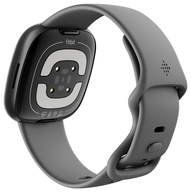 Eine Smartwatch mit einem grauen Band wird gezeigt. Die Rückseite zeigt Sensoren und Ladepunkte. Das Markenlogo ist am Armband sichtbar.