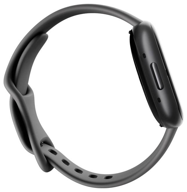 Eine elegante, schwarze Smartwatch mit einem Seitenknopf und einem verstellbaren Armband, in Profilansicht dargestellt.