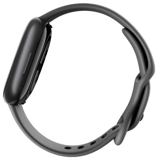 Eine schlanke, schwarze Smartwatch mit einem abgerundeten rechteckigen Gehäuse und einem glatten Band, von der Seite betrachtet, die ihr modernes Design hervorhebt.