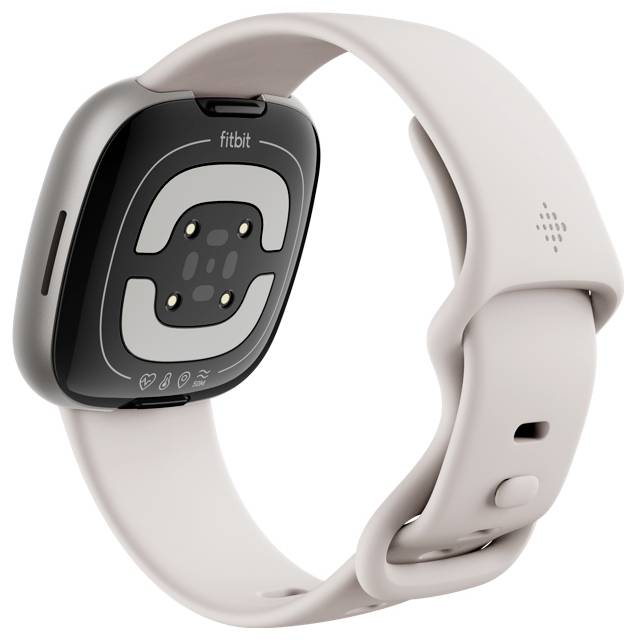 Eine beige Smartwatch mit einem weichen Band, die einen Herzfrequenzsensor auf der Rückseite zeigt.