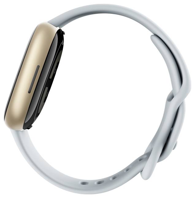 Eine Smartwatch mit goldener Gehäuse und hellblauem Armband, von der Seite betrachtet, die ihre schlanke Silhouette zeigt.