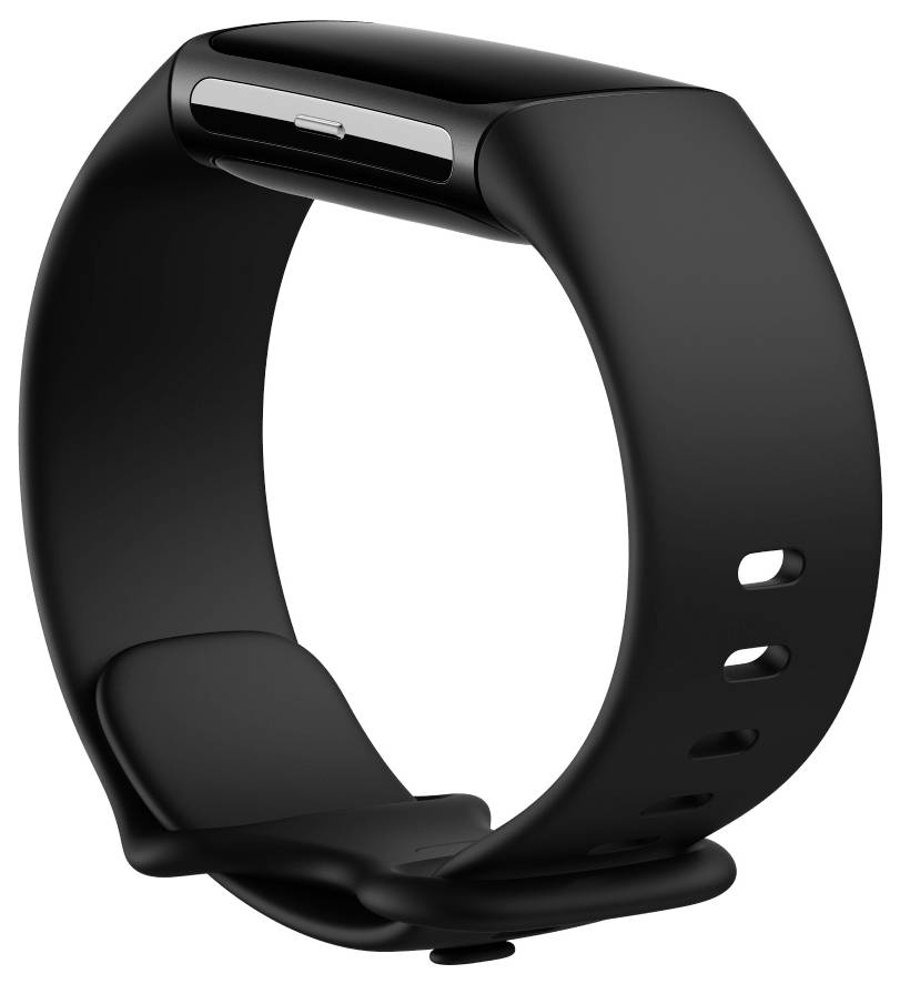 Eine schwarze digitale Smartwatch mit einem schlanken, minimalistischen Design, ausgestattet mit einem geschwungenen Armband und einem rechteckigen Bildschirm.