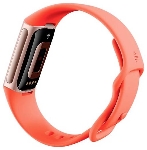 Ein schlankes orangefarbenes Fitness-Tracker-Armband mit einem rechteckigen Display und mehreren Sensoren auf der Rückseite zur Gesundheitsüberwachung.