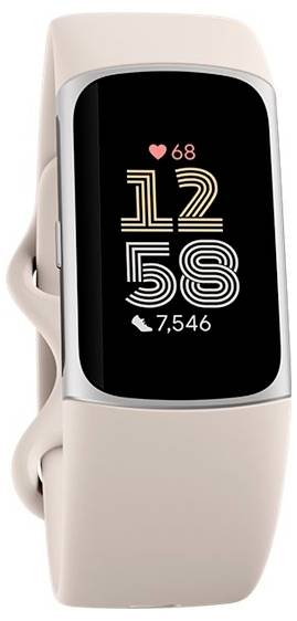 Eine Smartwatch, die eine Herzfrequenz von 68 und 7.546 Schritten anzeigt, vor einem rosa Armband.