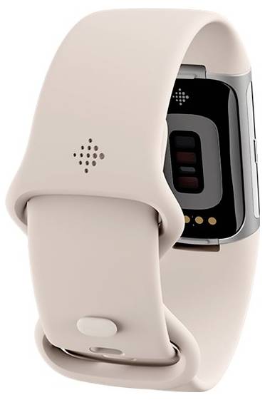 Ein beiger Fitness-Tracker mit einem Silikonarmband und digitalen Sensoren auf der Rückseite zur Überwachung von Gesundheitsmetriken.