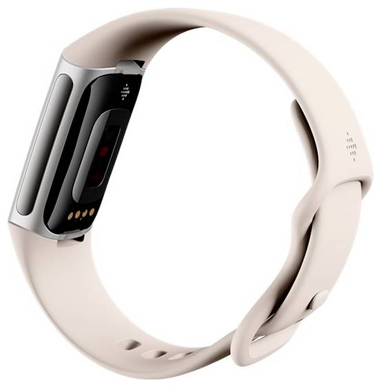 Ein beiger Fitness-Tracker mit elegantem Design, ausgestattet mit einem Display und Sensoren auf der Unterseite, befestigt an einem passenden Silikonarmband.