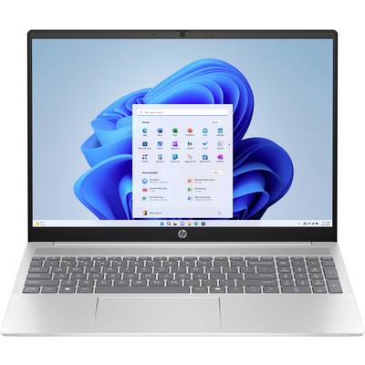 Ein Laptop mit dem Windows 11 Startmenü auf dem Bildschirm, das Anwendungen wie Microsoft Edge, Fotos und Mail vor einem blauen wirbelnden Hintergrund zeigt.