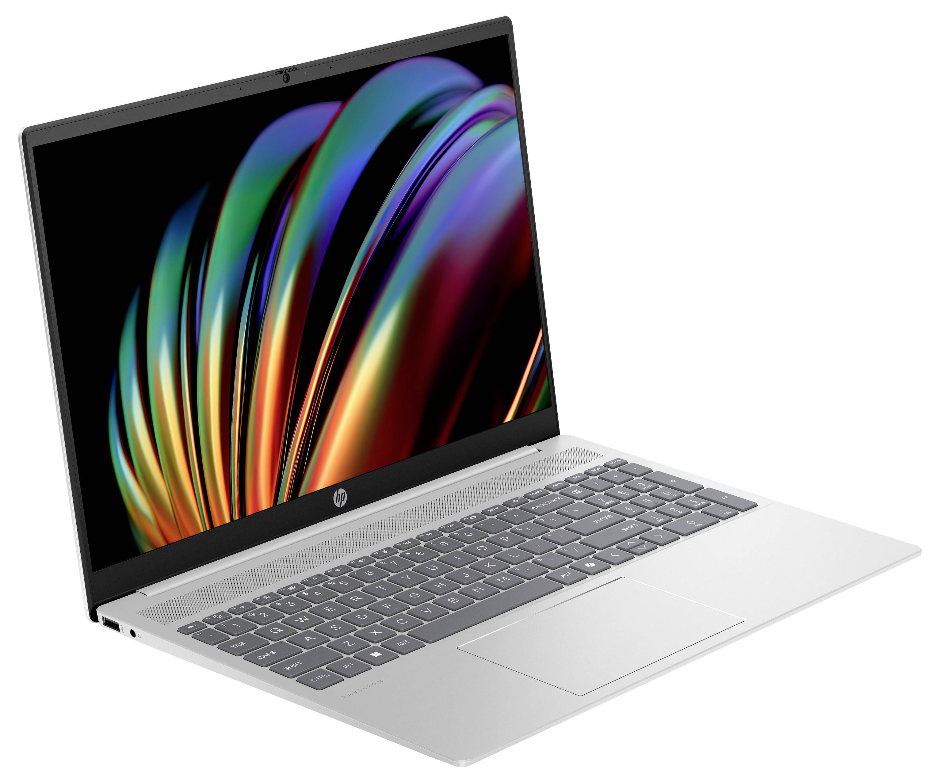 Ein schlankes silbernes Laptop mit einem lebendigen, mehrfarbigen abstrakten Design auf dem Bildschirm, ausgestattet mit einer vollständigen Tastatur und einem Touchpad.