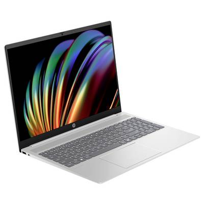 Ein schlankes silbernes Laptop mit einem lebendigen, mehrfarbigen abstrakten Design auf dem Bildschirm, ausgestattet mit einer vollständigen Tastatur und einem Touchpad.