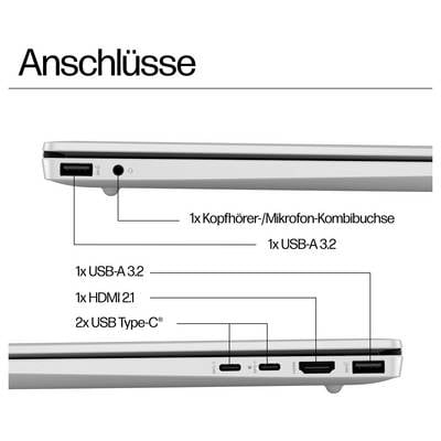 Laptop-Seitenansicht mit Anschlüssen: 1x Kopfhörer-/Mikrofonanschluss, 1x USB-A 3.2, 1x HDMI 2.1, 2x USB Typ-C.