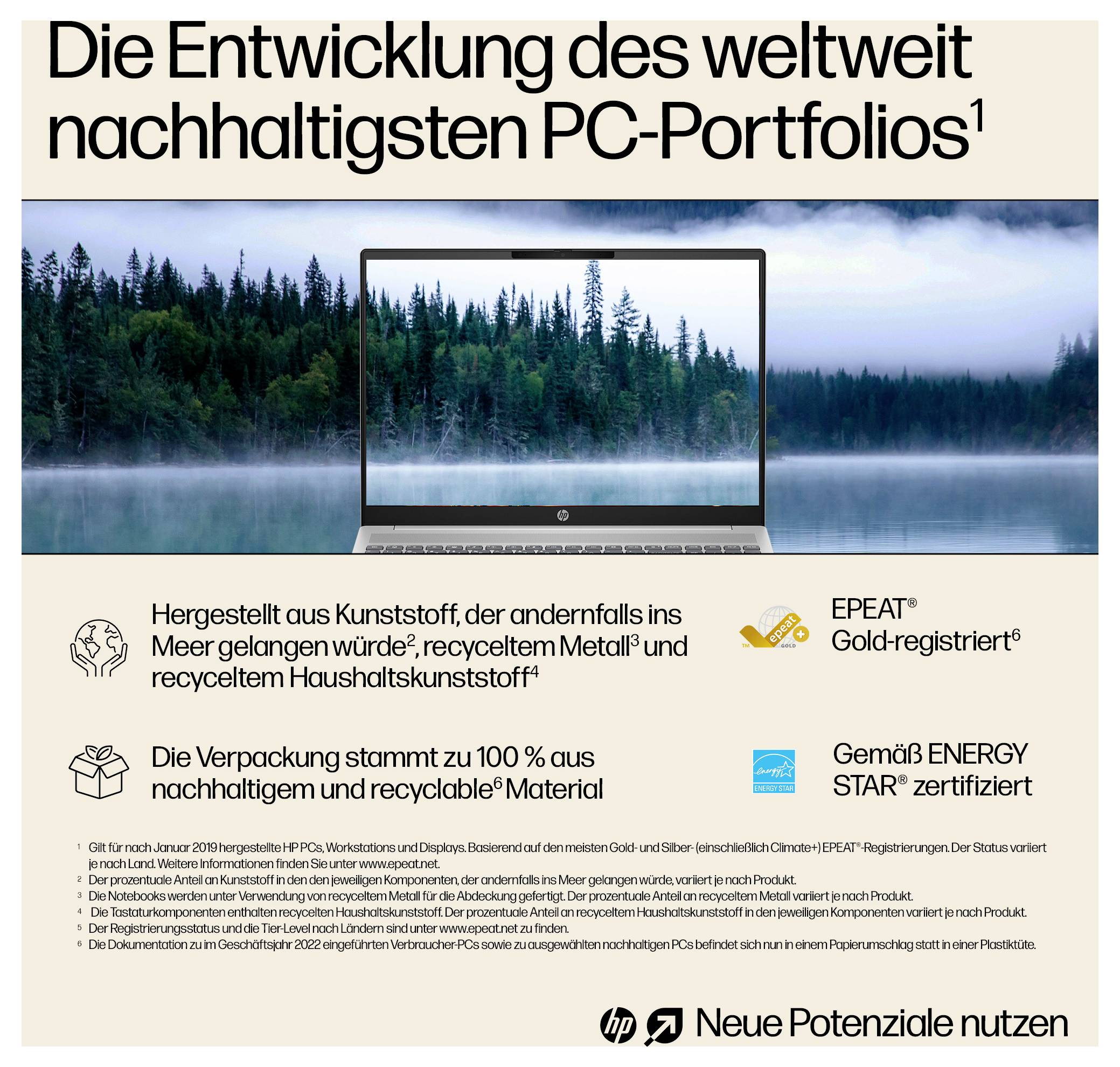 Laptop vor einem Hintergrund mit einem bewaldeten See. Der Text hebt die Entwicklung des weltweit nachhaltigsten PC-Portfolios hervor und präsentiert Funktionen wie recycelte Verpackungen und Zertifizierungen.