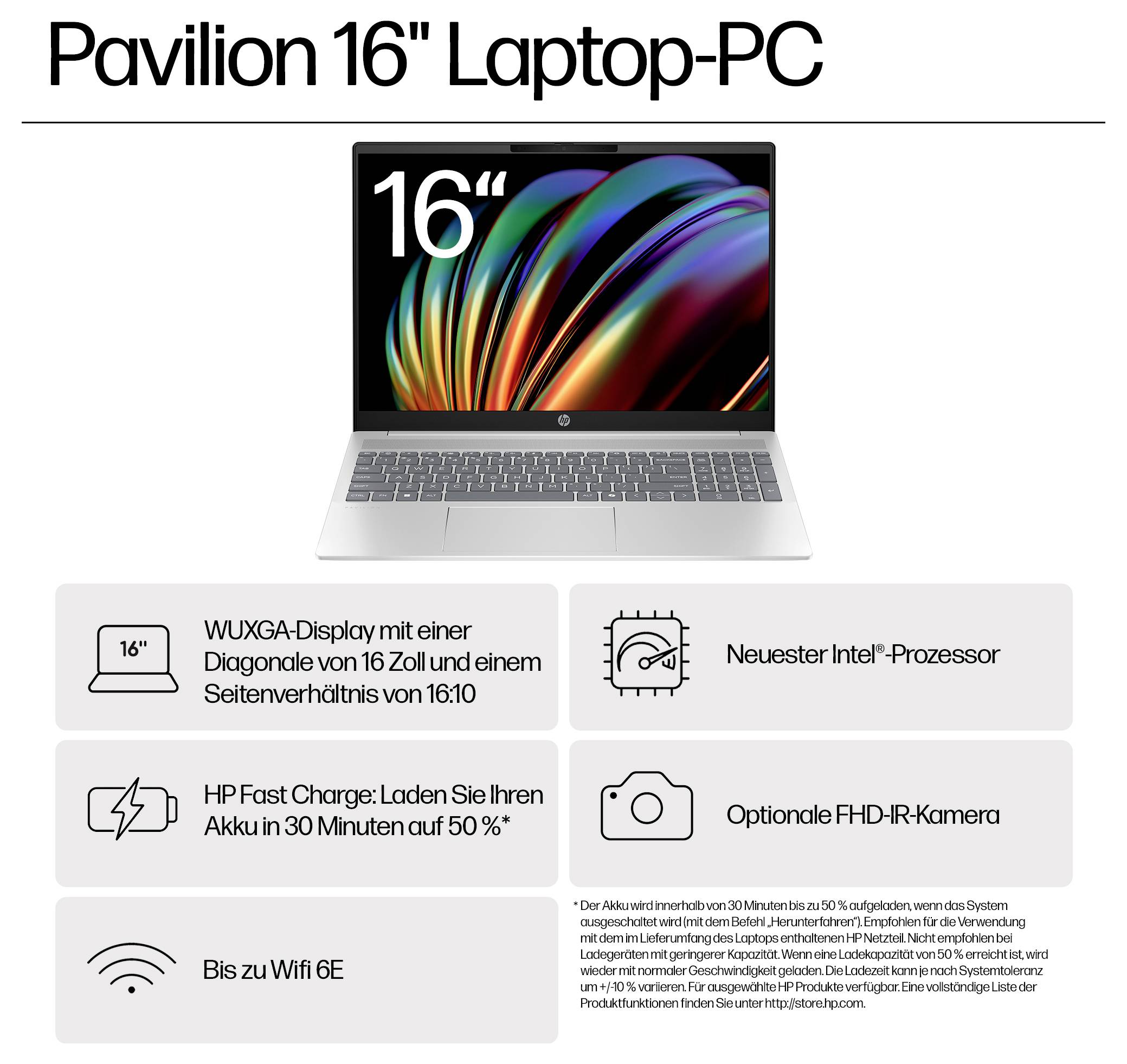 Pavilion 16" Laptop-PC mit 16" WUXGA-Display, Intel-Prozessor, Schnellladefunktion, optionaler FHD-Kamera und WLAN-6E-Konnektivitätsfunktionen.
