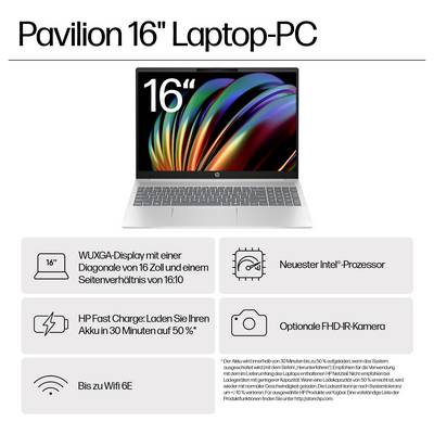 Pavilion 16" Laptop-PC mit 16" WUXGA-Display, Intel-Prozessor, Schnellladefunktion, optionaler FHD-Kamera und WLAN-6E-Konnektivitätsfunktionen.