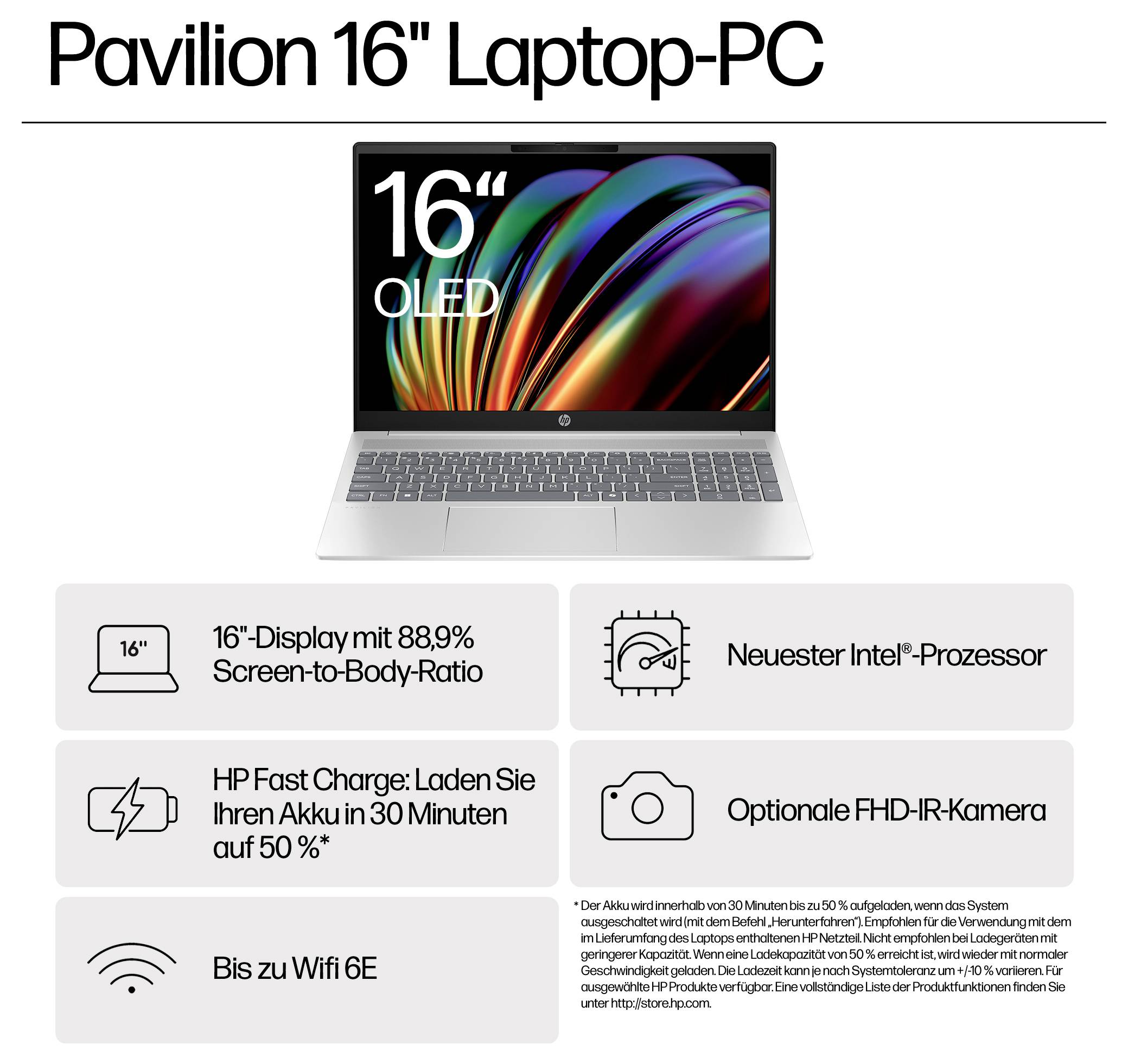 "Pavilion 16" Laptop-PC" mit 16" OLED-Display, neuester Intel-Prozessor, Schnellladen bis 50% in 30 Minuten, optionale FHD-IR-Kamera, Wi-Fi 6E.
