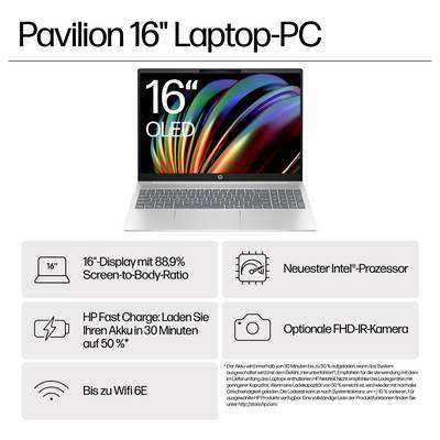 "Pavilion 16" Laptop-PC" mit 16" OLED-Display, neuester Intel-Prozessor, Schnellladen bis 50% in 30 Minuten, optionale FHD-IR-Kamera, Wi-Fi 6E.