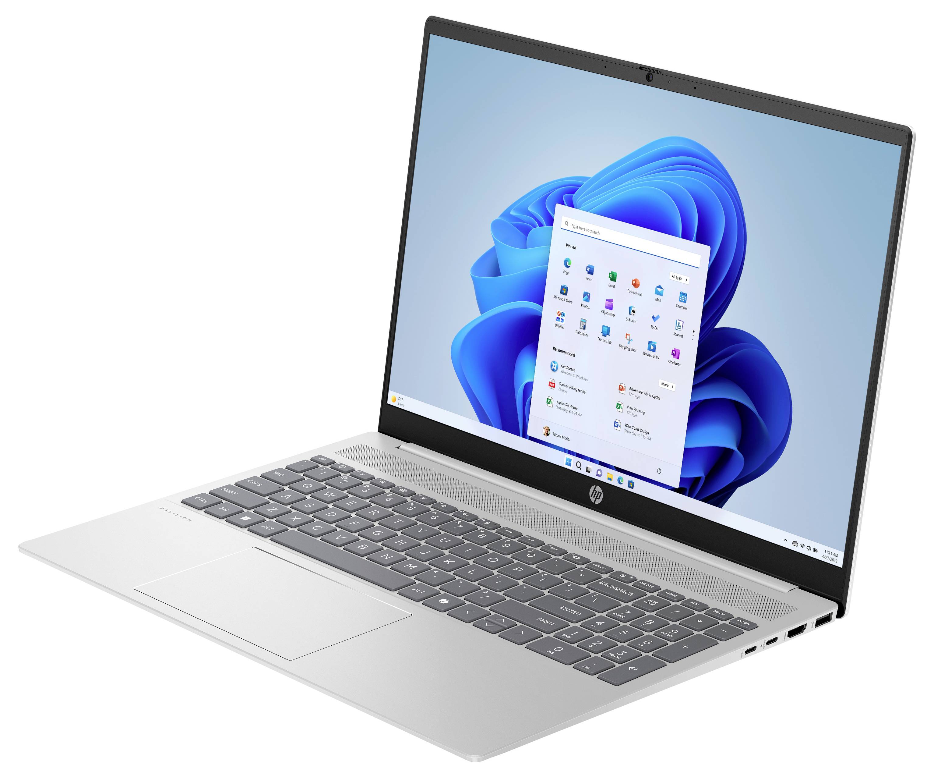 Ein silberner Laptop mit einem Windows-Betriebssystem auf dem Bildschirm, auf dem App-Symbole und ein blauer Wirbel-Hintergrund zu sehen sind.