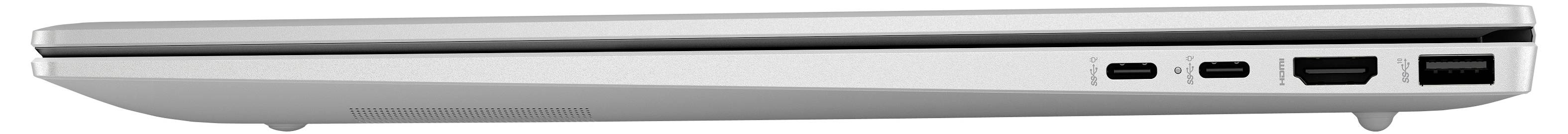 Ein silberner Laptop von der Seite betrachtet, der mehrere Anschlüsse wie USB, HDMI und Ethernet zeigt, mit geschlossenem Deckel und elegantem Design.