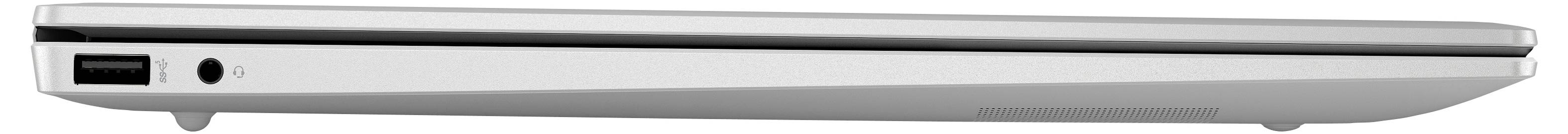 Ein schlanker, silberner Laptop, geschlossen, von der Seite betrachtet, wobei ein USB-Anschluss und ein Kopfhöreranschluss zu sehen sind.