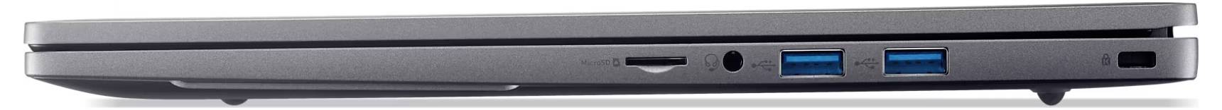 Eine Seitenansicht eines geschlossenen Laptops, die Anschlüsse einschließlich zweier USB-Ports, HDMI und einem Audioeingang auf der linken Seite zeigt.