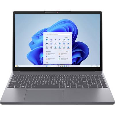 Ein Laptop, der den Windows 11 Home-Bildschirm mit verschiedenen Anwendungssymbolen auf einem blauen wirbelnden Hintergrund zeigt.