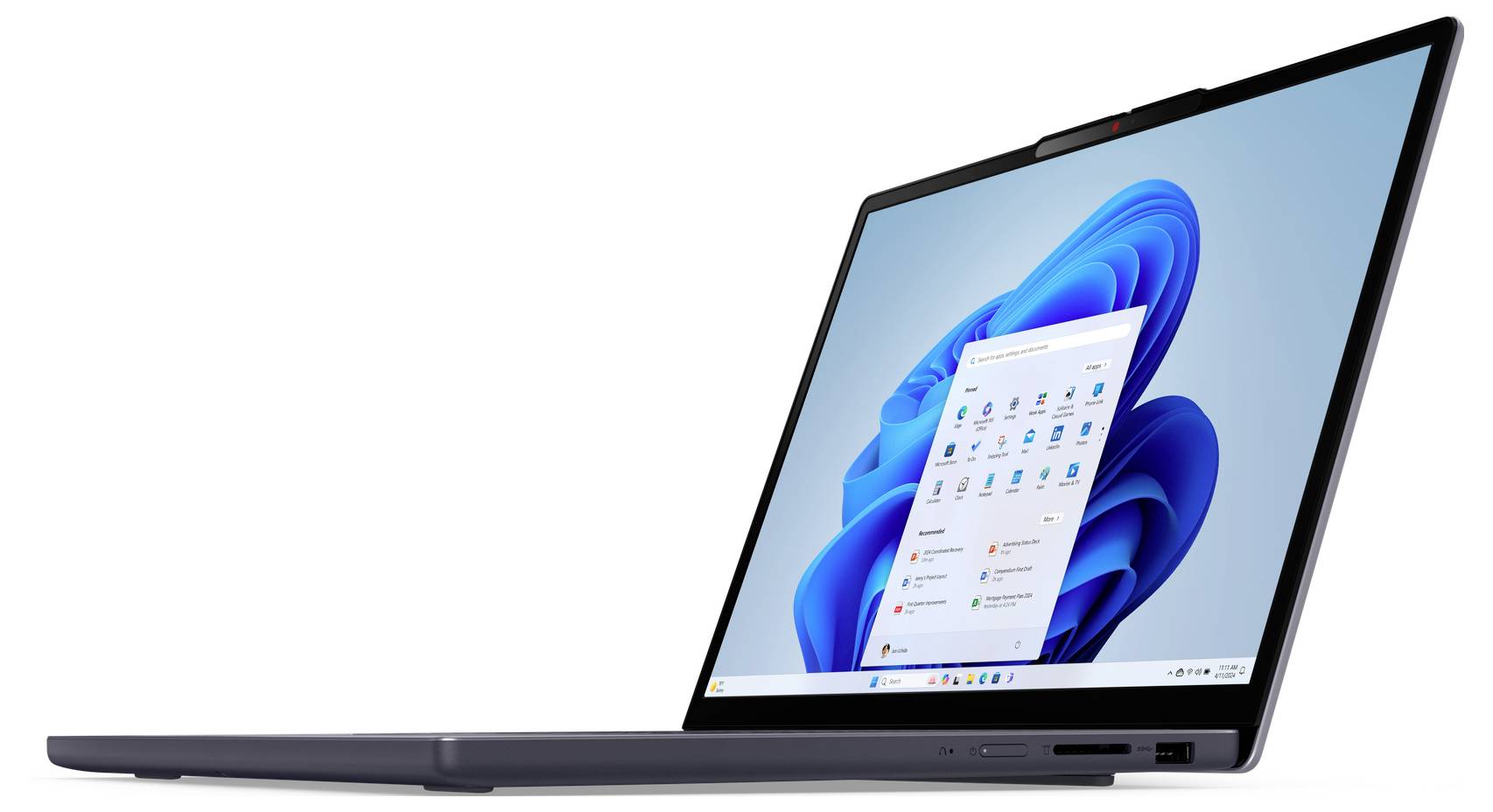 Ein schlankes, modernes Laptop mit einem bunten abstrakten Design auf dem Bildschirm vor einem schlichten Hintergrund.