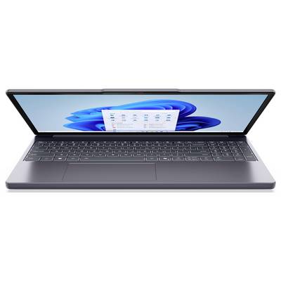 Ein schlankes, modernes Laptop, das einen Windows-Desktop-Bildschirm mit verschiedenen Symbolen und Anwendungen zeigt, vor einem hellblauen Hintergrund.