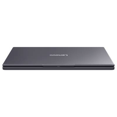 Ein geschlossener, schlanker Lenovo-Laptop mit einer dunkelgrauen Oberfläche, auf dessen Deckel mittig das Lenovo-Logo zu sehen ist.