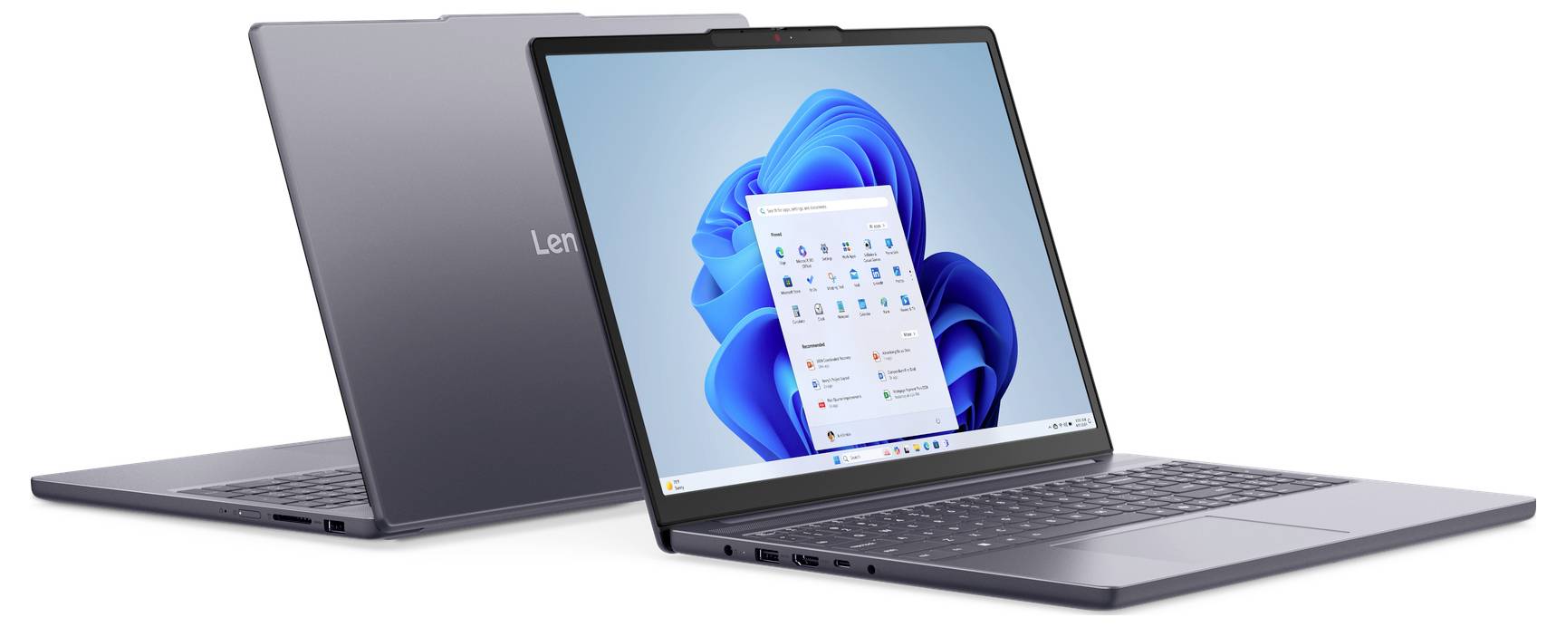 Zwei schlanke Laptops präsentieren einen blau-thematischen Betriebssystem-Startbildschirm und unterstreichen dabei ein modernes Design und eine benutzerfreundliche Oberfläche.