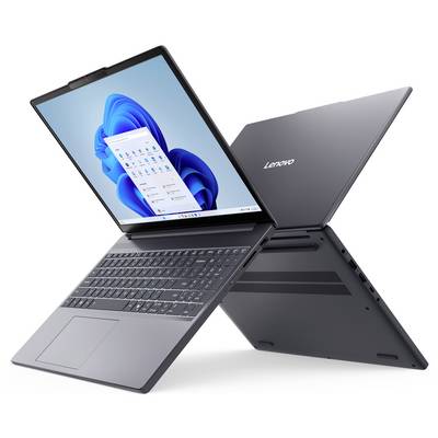 Ein schlankes, geöffnetes Laptop, das die Windows-11-Oberfläche mit einem randlosen Design zeigt. Das Lenovo-Logo ist auf der Oberseite sichtbar.