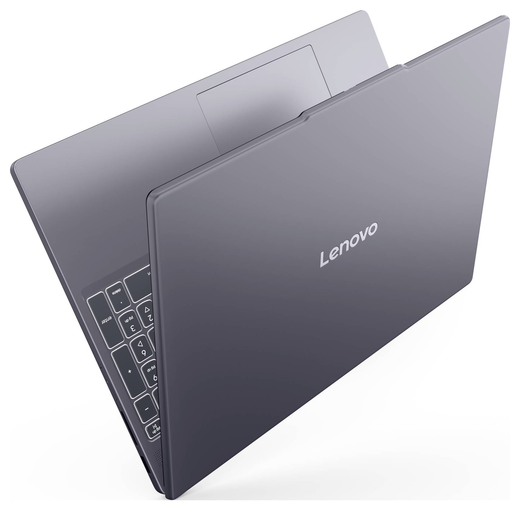 Ein teilweise geöffneter Lenovo-Laptop, von oben betrachtet, mit silberner Außenseite und sichtbarer Tastatur und Touchpad.